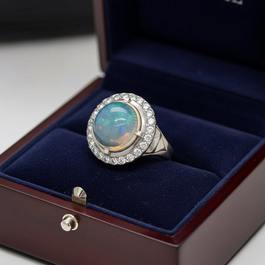 Opal and Diamond Platinum Halo Ring
