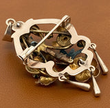 Victorian Revival Turquoise, Cultured Pearl 14K Yellow/Rose Gold and Pewter Pendant, Brooch and Earring Set