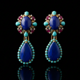Vintage 1960's Lapis, Turquoise, Diamond, Ruby 14K Yellow/White Gold Detachable Dangle Earrings
