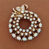 Vintage Opal and Diamond Wreath 14K Yellow Gold Pendant/Brooch