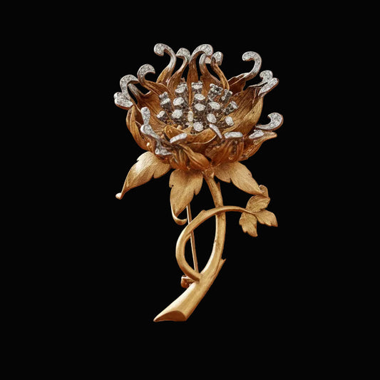 Vintage Italian "En Tremblant" Moving Petals Diamond and 14k/18k Yellow/White Gold Flower Brooch