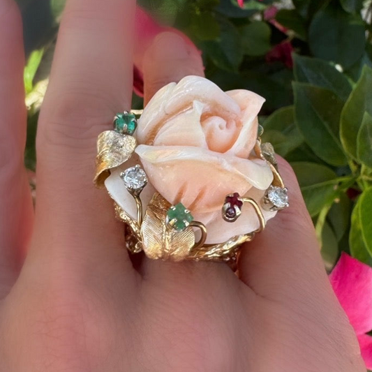 Vintage One of a Kind Angel Skin Coral, Diamond, Emerald, Ruby 14K Yellow Gold Ring