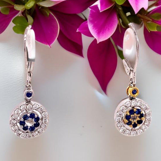 Sapphire and Diamond 14K White and Yellow Gold Dangle Earrings