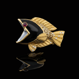Modern Custom Made In Vicenza, Italy Onyx, Ruby, Diamond 18k Yellow Gold Pendant/Brooch