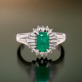 Emerald and Diamond Platinum Halo Ring