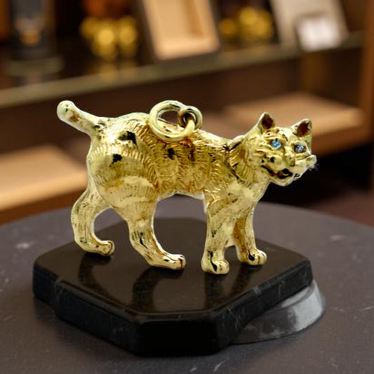 Estate Custom Made Diamond Cat 18K Yellow Gold Pendant 15558