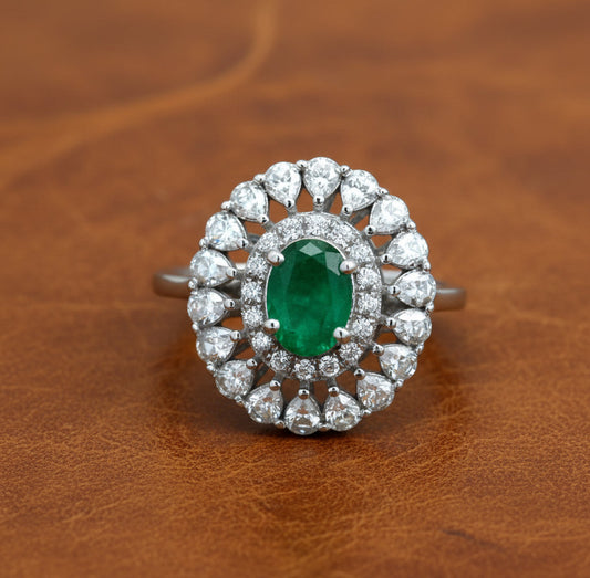 Emerald, Rose Cut Diamond 18K White Gold Ring
