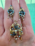 Victorian Revival Turquoise, Cultured Pearl 14K Yellow/Rose Gold and Pewter Pendant, Brooch and Earring Set