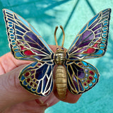 Mid Century 1950's "Plique A Jour" 18Kt Yellow Gold Articulating Wings Butterfly Brooch