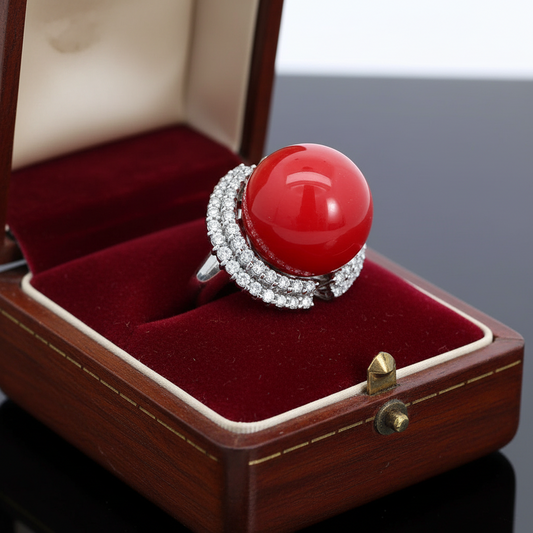 Coral, Diamond and Platinum Statement Ring