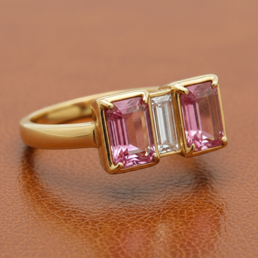 Pink Sapphire, Diamond and 18K Yellow Gold Statement Ring