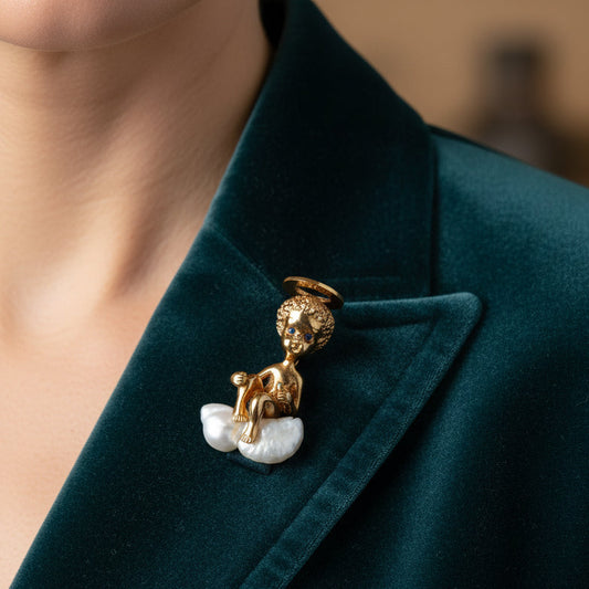 Estate Designer William Ruser Sapphire & Biwa Pearl Angel Brooch 15557