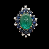 Emerald, Sapphire and Diamond 18K White Gold Ring