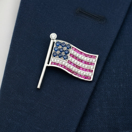 The Presidential American Flag Diamond, Ruby, Sapphire Lapel Brooch 14K White Gold 15278
