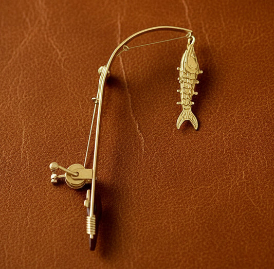 THe Wicked Tuna Fisherman Captain 14k Yellow Gold Articulating Fishing Pole and Reel Brooch