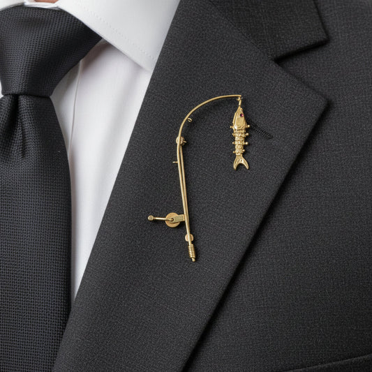 THe Wicked Tuna Fisherman Captain 14k Yellow Gold Articulating Fishing Pole and Reel Brooch