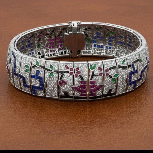 Custom Made Diamond Ruby Emerald Onyx Sapphire 18K White Gold Bracelet