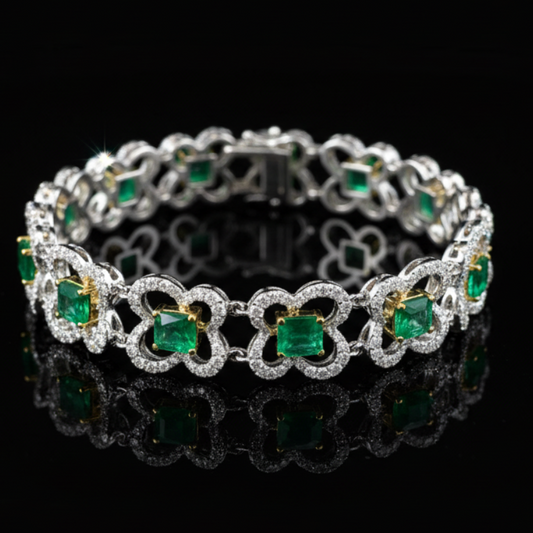 Designer AV Diamond and Emerald 18Kt Yellow and White Gold Bracelet