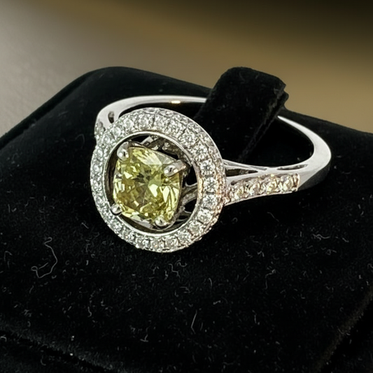 Estate 1.31 ct Natural Fancy Brownish Greenish Yellow (GIA) Diamond 14K White Gold Ring 14740