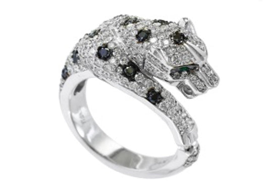 Effy White and Black Diamond, Emerald and 14K White Gold Panther Ring