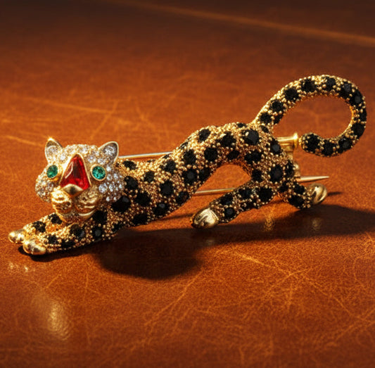 Estate Italian Designer Frederique Constant Modele Diamond Emerald Red & Black Enamel Panther Brooch 15559
