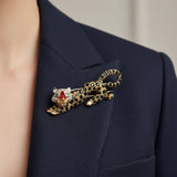 Estate Italian Designer Frederique Constant Modele Diamond Emerald Red & Black Enamel Panther Brooch 15559