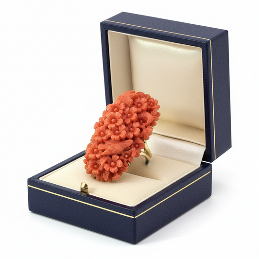 Natural Carved Coral and 14K Yellow Gold Italian Ring