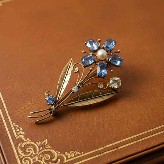 Estate Circa 1930 Tiffany & Co Blue and Yellow Sapphire, Diamond, Pearl Brooch