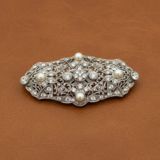 Art Deco Cultured Pearl and Diamond Platinum Brooch