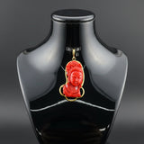 Modern Circa 1950's Carved Red Coral Pendant Mounted 10Kt Yellow Gold