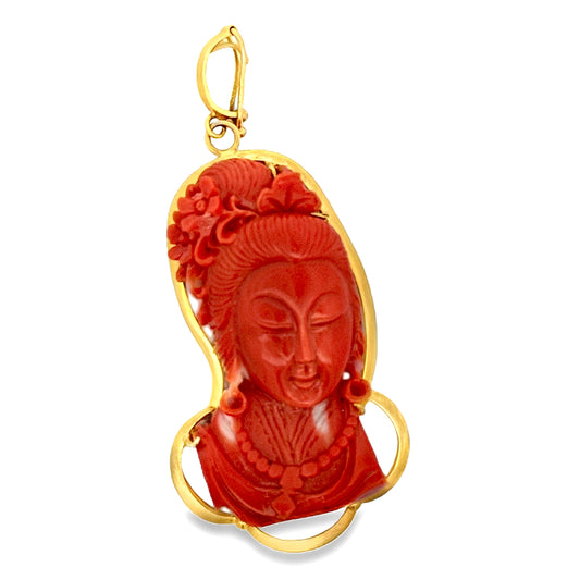 Modern Circa 1950's Carved Red Coral Pendant Mounted 10Kt Yellow Gold