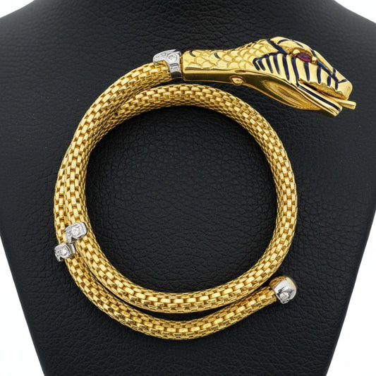Italian Snake 18K Diamond, Ruby and Blue Enamel Bangle