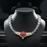 Rubellite, Emerald and Diamond Carved Rock Crystal 18K Yellow Gold Necklace.