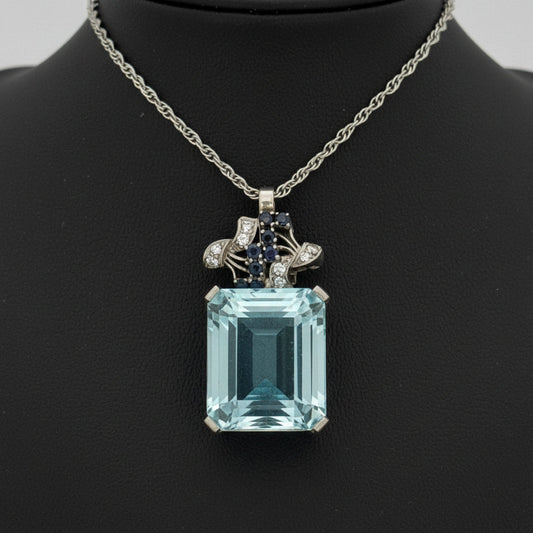 1950's 32ct Aquamarine, Diamond, Sapphire Platinum/14K White Gold Necklace