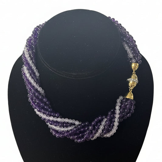 Amethyst and Diamond 8 Strand 14K Yellow Gold Necklace