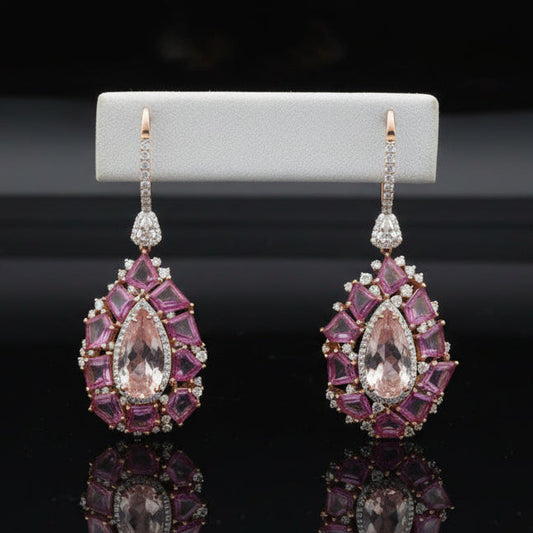 Italian Designer Marchisio Diamond, Morganite and Pink Sapphire 18K White/Yellow Gold Dangle Earrings