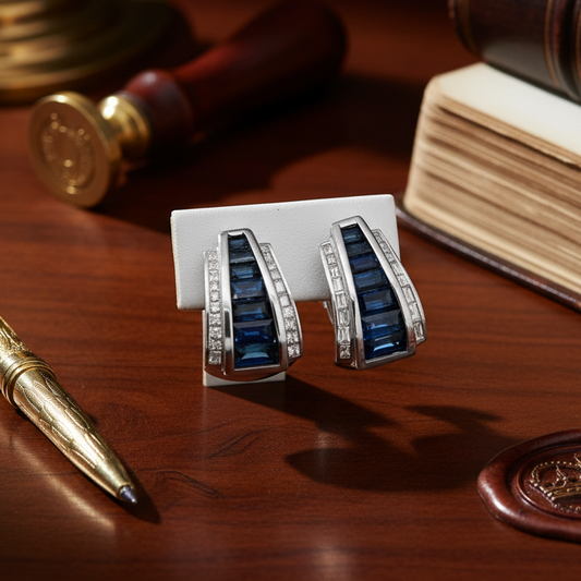 Italian Designer Marchisio French Cut Sapphire and Diamond 18K White Gold Earrings