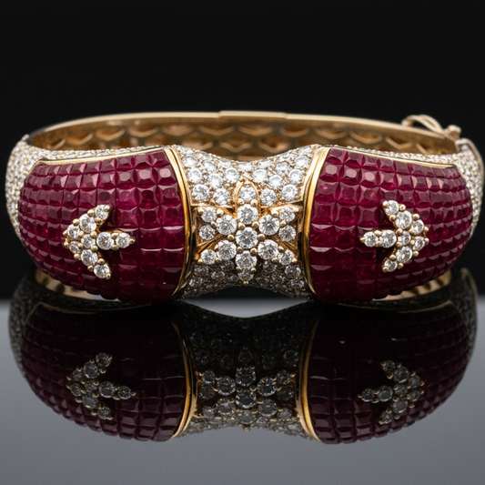 Italian French Cut Ruby and Pave Diamond 18Kt White & Yellow Gold Bangle
