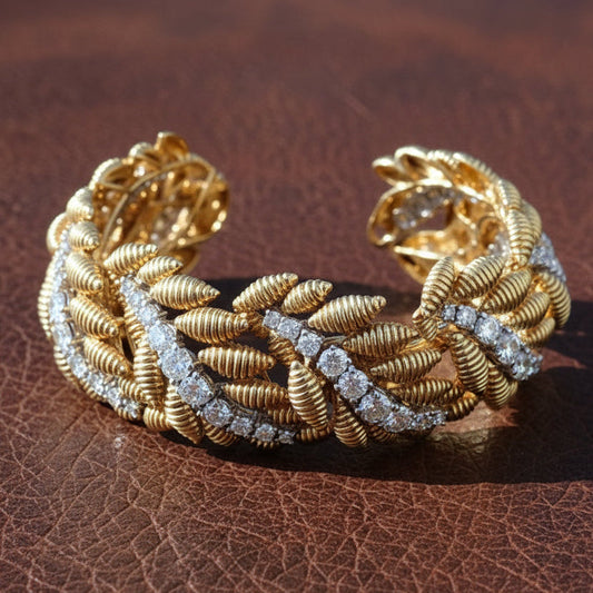 Estate 10.27cttw Diamond Textured Leaf Motif 18K Yellow and White Gold Bracelet