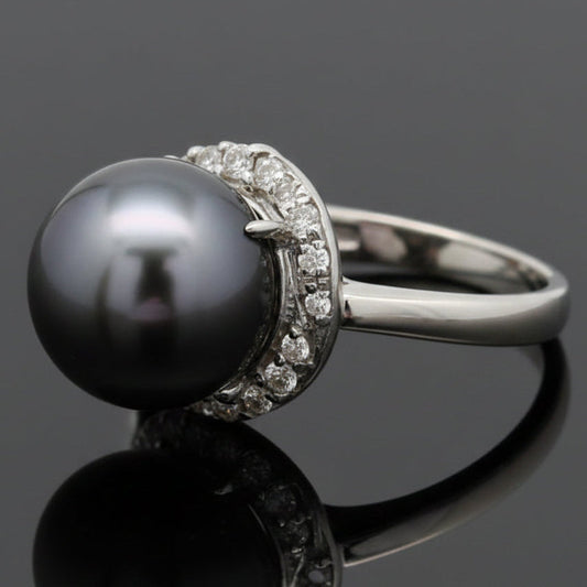 Modern 11.90mm Tahitian Pearl and Diamond Platinum Ring