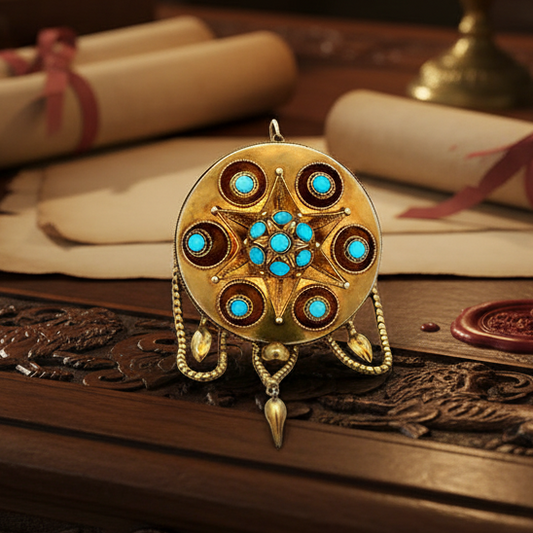 Victorian 1870's Turquoise and 14Kt Yellow Gold Pendant Brooch