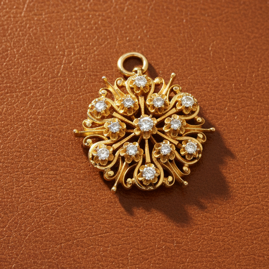 Mid Century Modern Old Mine Cut Diamond 14K Yellow Gold Brooch/Pendant