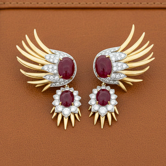 Italian Estate 19cttw Ruby and 2.80cttw Diamond Detachable 14Kt/18Kt White & Yellow Gold Earrings