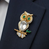 Vintage 1970's 18k Gold Diamond Owl Brooch with Emerald Eyes & Rock Crystal Body