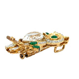 Vintage 1970's 18k Gold Diamond Owl Brooch with Emerald Eyes & Rock Crystal Body