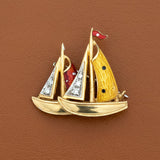 Estate Diamond and Enamel 18Kt Yellow/White Gold Sailboat Brooch