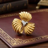 Modern Italian 1980's 18kt Yellow Gold Diamond Flower Brooch