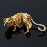 Modern 1980's 18K White, Yellow Gold, Diamond, Emerald, Enamel Leopard Brooch