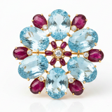 Italian-Modern 1980's 18K Yellow Gold, Blue Topaz, Ruby, Diamond Pendant/Brooch