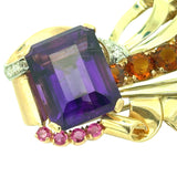 Italian Modern 1960's Amethyst, Diamond, Pink Sapphire, Garnet 14K White, Yellow, Rose Gold Brooch